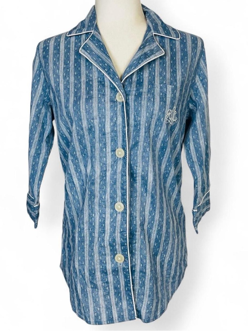 Lauren Ralph Lauren Size Small S Button Down Pajama Top Shirt 100% Cotton Blue